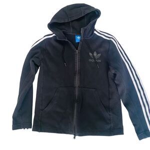 Adidas Black and White Hoodie with Iconic Stripes and trefoil logo